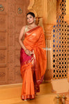 Shubh ~ Handloom Cotton Silk Saree with Golden Border in Exclusive Saphire Orange with Contrast Pallu - verymuchindian.com