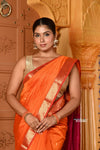 Shubh ~ Handloom Cotton Silk Saree with Golden Border in Exclusive Saphire Orange with Contrast Pallu - verymuchindian.com