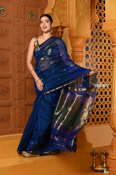 Shubh ~ Handloom Cotton Silk Saree with Sleek Golden Border in Exclusive Blue Green - verymuchindian.com