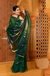 Shubh ~ Handloom Cotton Silk Saree with Sleek Golden Border in Exclusive Dual Tone Green Blue - verymuchindian.com