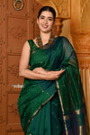 Shubh ~ Handloom Cotton Silk Saree with Sleek Golden Border in Exclusive Dual Tone Green Blue - verymuchindian.com