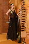 Shubh ~ Handloom High Quality Mul Cotton Saree with Sleek Golden Border in Exclusive Brown - verymuchindian.com