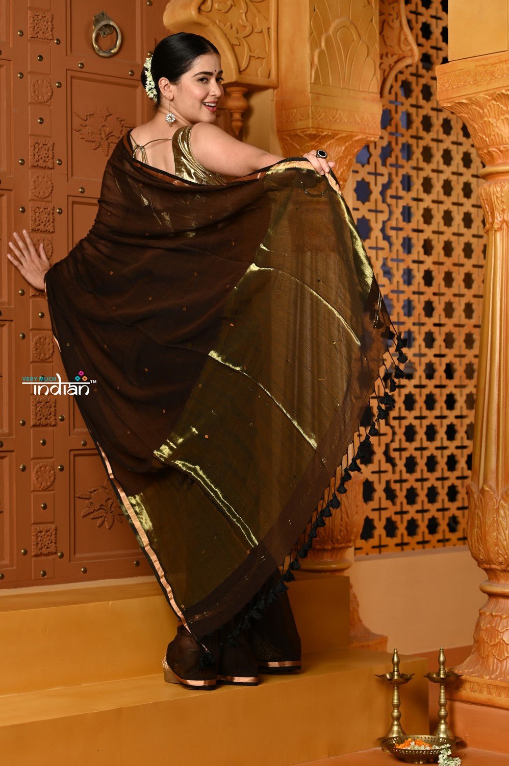 Shubh ~ Handloom High Quality Mul Cotton Saree with Sleek Golden Border in Exclusive Brown - verymuchindian.com