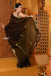 Shubh ~ Handloom High Quality Mul Cotton Saree with Sleek Golden Border in Exclusive Brown - verymuchindian.com