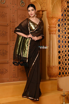Shubh ~ Handloom High Quality Mul Cotton Saree with Sleek Golden Border in Exclusive Brown - verymuchindian.com