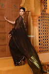 Shubh ~ Handloom High Quality Mul Cotton Saree with Sleek Golden Border in Exclusive Brown - verymuchindian.com