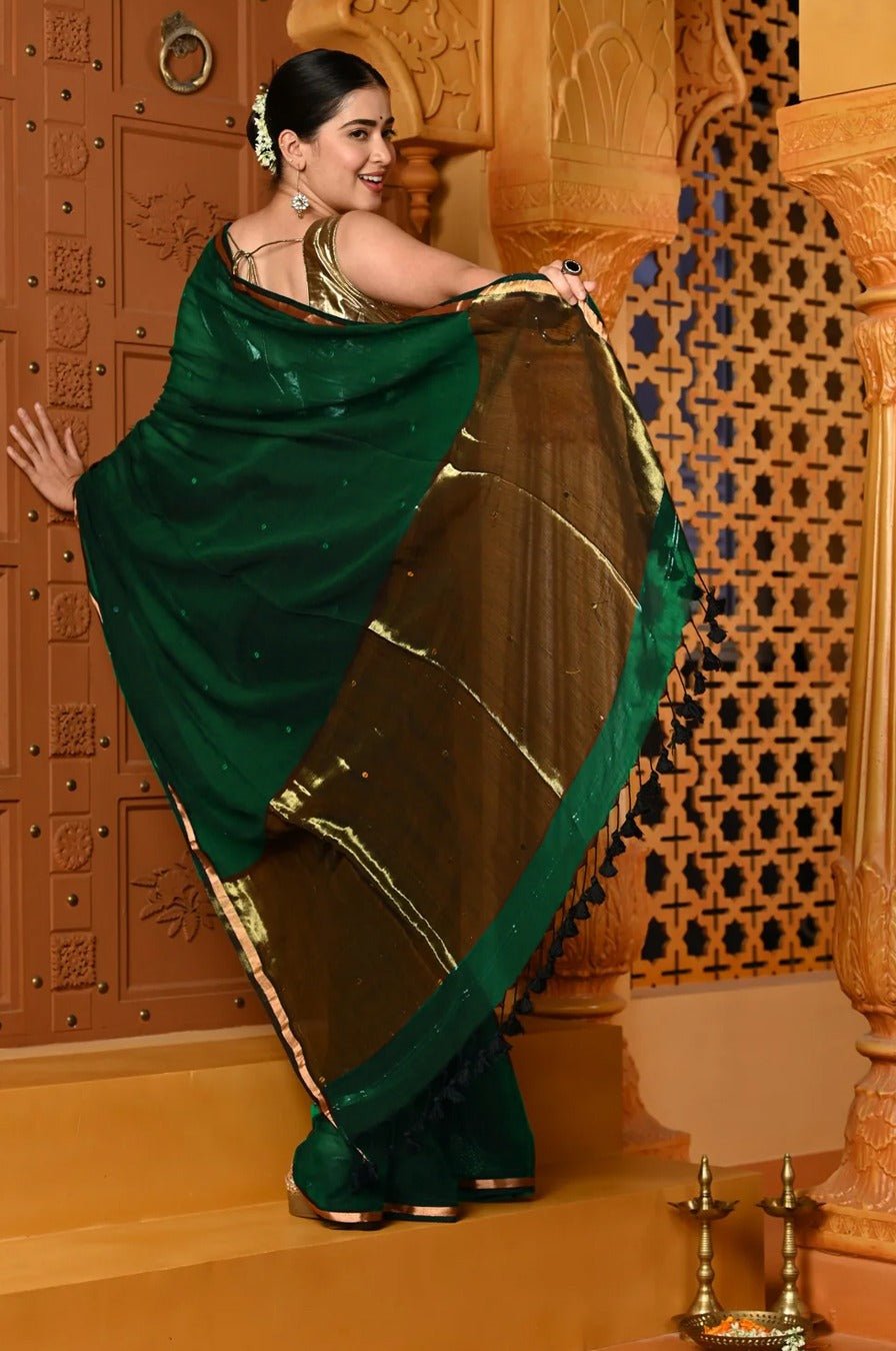 Shubh ~ Handloom High Quality Mul Cotton Saree with Sleek Golden Border in Exclusive Green - verymuchindian.com