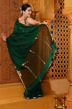 Shubh ~ Handloom High Quality Mul Cotton Saree with Sleek Golden Border in Exclusive Green - verymuchindian.com