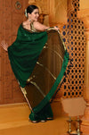 Shubh ~ Handloom High Quality Mul Cotton Saree with Sleek Golden Border in Exclusive Green - verymuchindian.com