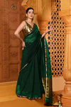 Shubh ~ Handloom High Quality Mul Cotton Saree with Sleek Golden Border in Exclusive Green - verymuchindian.com