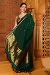 Shubh ~ Handloom High Quality Mul Cotton Saree with Sleek Golden Border in Exclusive Green - verymuchindian.com