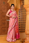 Shubh ~ Handloom Khaddi Georgette Saree With Hand Paint ~ Blush Pink Orange - verymuchindian.com