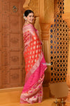 Shubh ~ Handloom Khaddi Georgette Saree With Hand Paint ~ Blush Pink Orange - verymuchindian.com