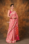 Shubh ~ Handloom Khaddi Georgette Saree With Hand Paint ~ Blush Pink Orange - verymuchindian.com