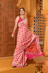 Shubh ~ Handloom Khaddi Georgette Saree With Hand Paint ~ Blush Pink Orange - verymuchindian.com