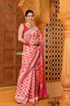 Shubh ~ Handloom Khaddi Georgette Saree With Hand Paint ~ Blush Pink Orange - verymuchindian.com