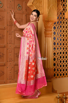 Shubh ~ Handloom Khaddi Georgette Saree With Hand Paint ~ Blush Pink Orange - verymuchindian.com