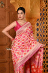 Shubh ~ Handloom Khaddi Georgette Saree With Hand Paint ~ Blush Pink Orange - verymuchindian.com