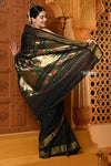 Shubh ~ Handloom Pure Cotton Paithani With Asawali Pallu in Black - verymuchindian.com