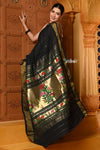 Shubh ~ Handloom Pure Cotton Paithani With Asawali Pallu in Black - verymuchindian.com
