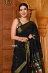 Shubh ~ Handloom Pure Cotton Paithani With Asawali Pallu in Black - verymuchindian.com