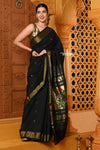Shubh ~ Handloom Pure Cotton Paithani With Asawali Pallu in Black - verymuchindian.com
