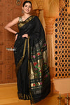 Shubh ~ Handloom Pure Cotton Paithani With Asawali Pallu in Black - verymuchindian.com
