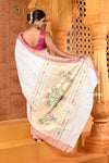 Shubh ~ Handloom Pure Cotton Paithani With Lotus Pallu in White - verymuchindian.com