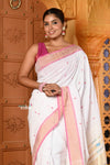 Shubh ~ Handloom Pure Cotton Paithani With Lotus Pallu in White - verymuchindian.com
