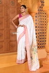 Shubh ~ Handloom Pure Cotton Paithani With Lotus Pallu in White - verymuchindian.com