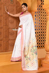 Shubh ~ Handloom Pure Cotton Paithani With Lotus Pallu in White - verymuchindian.com