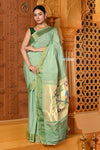Shubh ~ Handloom Pure Cotton Paithani With Parrot Pallu in Slaked Green - verymuchindian.com