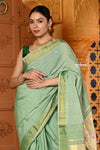 Shubh ~ Handloom Pure Cotton Paithani With Parrot Pallu in Slaked Green - verymuchindian.com
