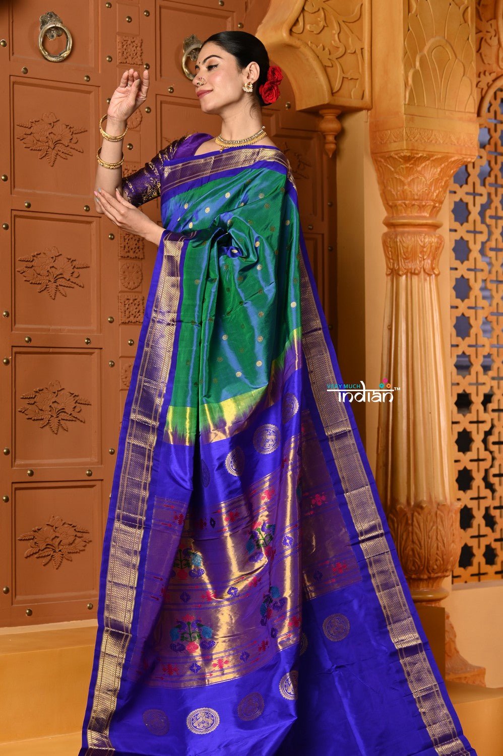 Shubh ~ Handloom Pure Silk Maharani Paithani with Majestic Maharani Pallu in Peacock Blue Green - verymuchindian.com