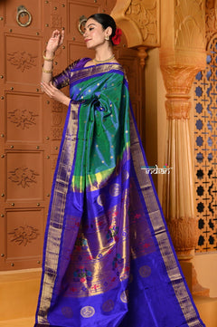 Shubh ~ Handloom Pure Silk Maharani Paithani with Majestic Maharani Pallu in Peacock Blue Green - verymuchindian.com