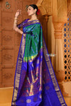 Shubh ~ Handloom Pure Silk Maharani Paithani with Majestic Maharani Pallu in Peacock Blue Green - verymuchindian.com