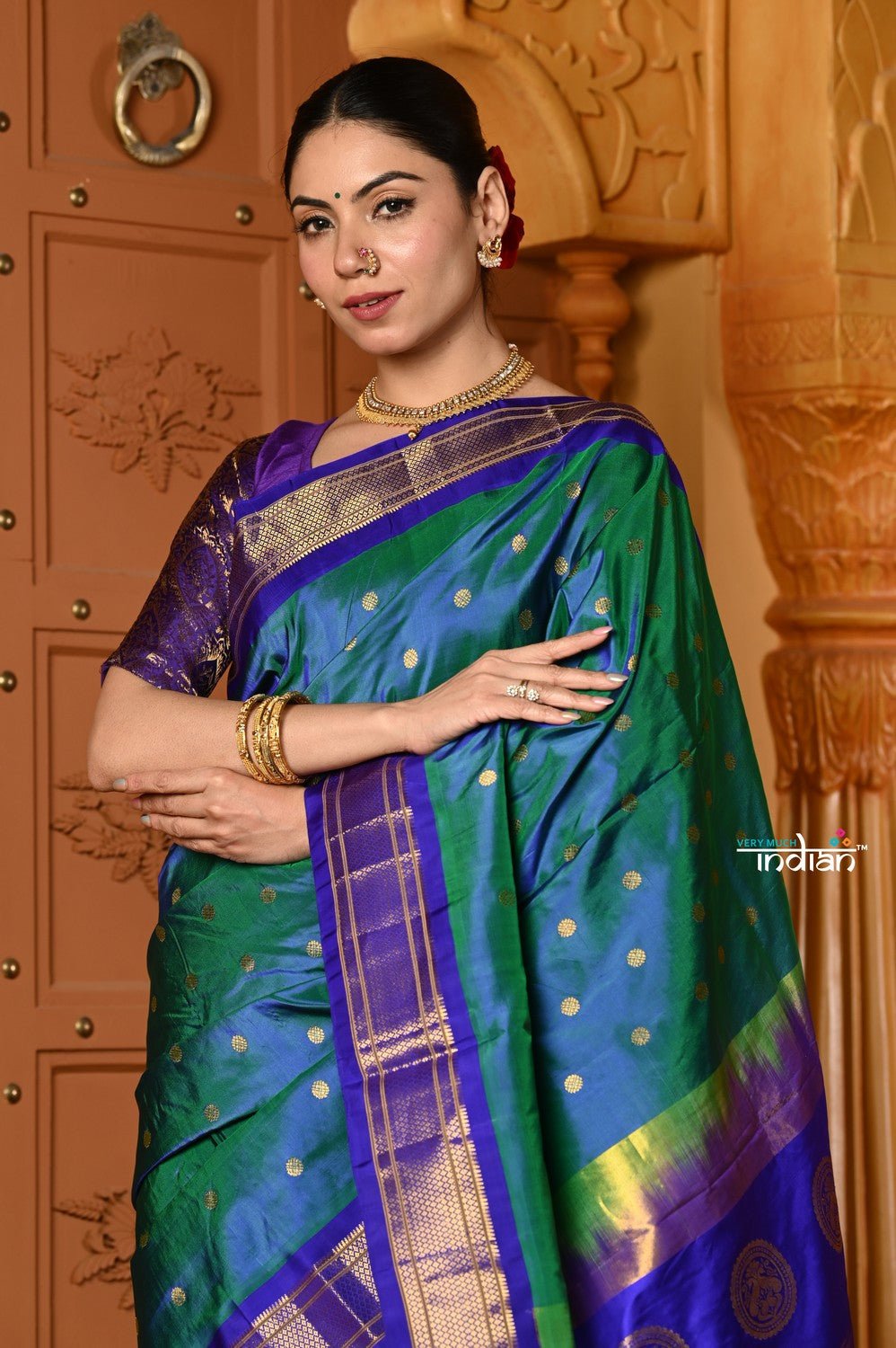 Shubh ~ Handloom Pure Silk Maharani Paithani with Majestic Maharani Pallu in Peacock Blue Green - verymuchindian.com