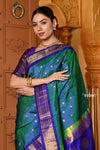 Shubh ~ Handloom Pure Silk Maharani Paithani with Majestic Maharani Pallu in Peacock Blue Green - verymuchindian.com
