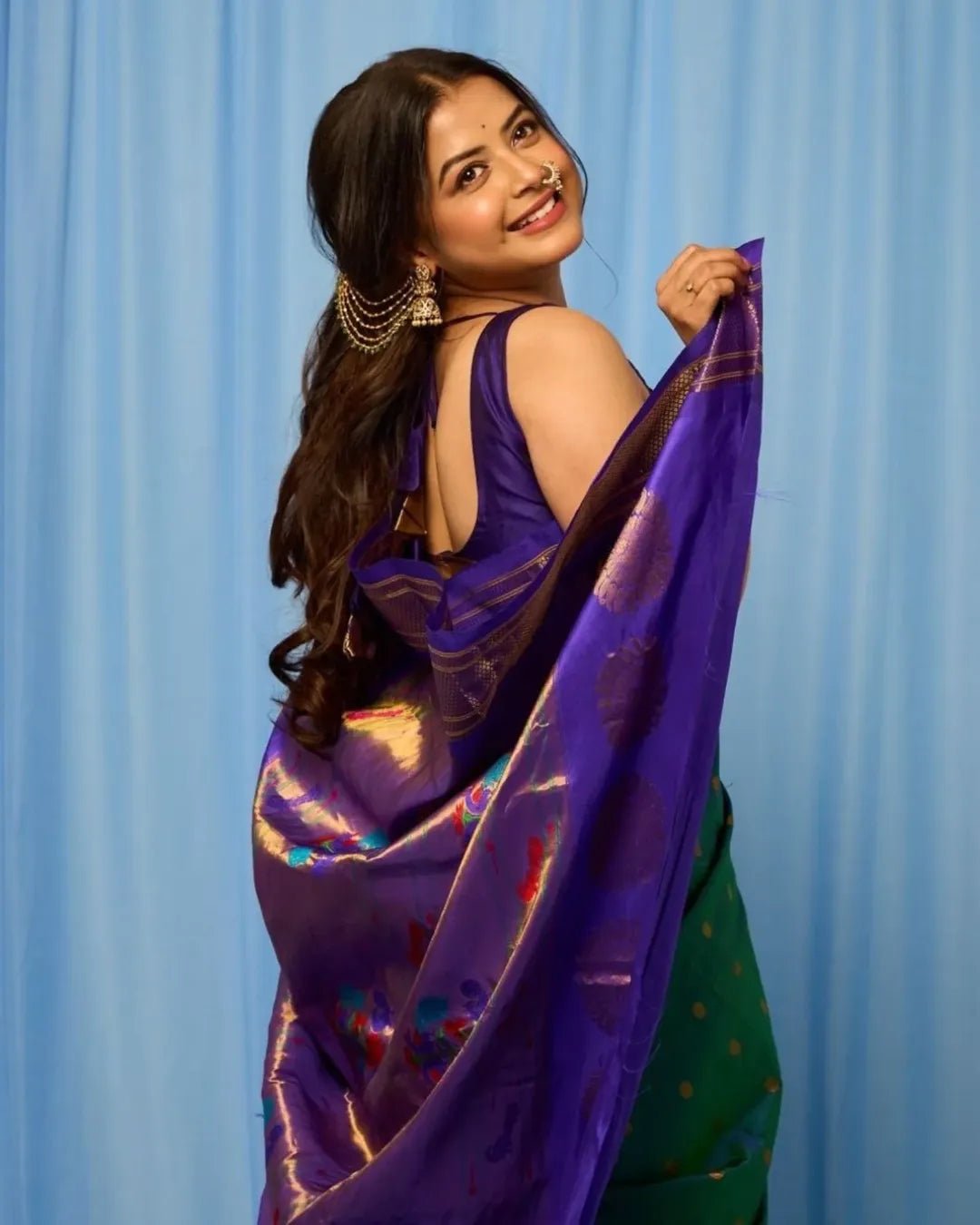 Shubh ~ Handloom Pure Silk Maharani Paithani with Majestic Maharani Pallu in Peacock Blue Green - verymuchindian.com