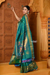 Shubh ~ Handloom Pure Silk Maharani Paithani with Majestic Maharani Pallu in Saphire Blue Green - verymuchindian.com