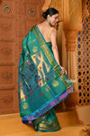 Shubh ~ Handloom Pure Silk Maharani Paithani with Majestic Maharani Pallu in Saphire Blue Green - verymuchindian.com