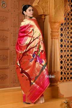 Shubh ~ Handloom Pure Silk Muniya Border Paithani Saree with Exclusive Radha Krishna in Rani Pink - verymuchindian.com