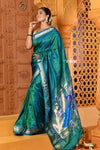 Shubh ~ Handloom Pure Silk Paithani Saree with Traditional Peacock Pallu ~ Crescent Blue - verymuchindian.com