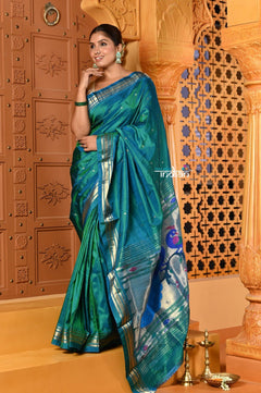 Shubh ~ Handloom Pure Silk Paithani Saree with Traditional Peacock Pallu ~ Crescent Blue - verymuchindian.com