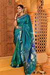Shubh ~ Handloom Pure Silk Paithani Saree with Traditional Peacock Pallu ~ Crescent Blue - verymuchindian.com