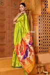 Shubh ~ Handloom Pure Silk Paithani Saree with Traditional Peacock Pallu ~Lime Green - verymuchindian.com