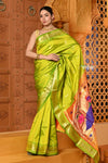 Shubh ~ Handloom Pure Silk Paithani Saree with Traditional Peacock Pallu ~Lime Green - verymuchindian.com