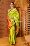 Shubh ~ Handloom Pure Silk Paithani Saree with Traditional Peacock Pallu ~Lime Green - verymuchindian.com