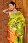Shubh ~ Handloom Pure Silk Paithani Saree with Traditional Peacock Pallu ~Lime Green - verymuchindian.com