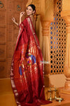 Shubh ~ Handloom Pure Silk Paithani Saree with Traditional Peacock Pallu ~ Maroon Red - verymuchindian.com